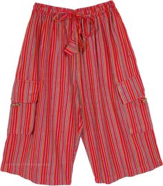 A woven cotton capri length striped pants with two deep cargo-style utility pockets on both sides.  The waistband has elastic and drawstring for flexibility across sizes and feature easy pull-on styling. #tlb #SplitSkirtsPants #Pocket #vacationclothing #Striped #BohemianCapri #CottonCapri #BermudaShorts Striped Beach Pants With Pockets, Summer Cargo Capri Pants, Summer Capri Length Cargo Pants, Summer Capri-length Cargo Pants, Red Cotton Cargo Pants For Summer, Summer Cotton Cargo Pants Capri Length, Summer Cotton Cargo Capri Pants, Cotton Capri Shorts With Pockets, Cotton Capri Bottoms With Cargo Pockets