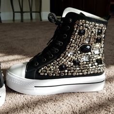 Brand New, No Box. Fits 7-7.5. Adorable Black With White Toe And Trim Heavily Beaded Platform Tennis Shoes. Material Is An Easy To Clean Faux Leather. Sadly They Are Too Big. Ordered 6.5 But The Shoe Fits A 7 And 7.5. Firm On Price And No Trades. *All Items Sold From My Closet Are Video Taped Prior To Shipment To Show Quality And Cleanliness.* Black Embellished Party Sneakers, Black Bling Sneakers With Round Toe, Party Black Embellished Sneakers, Black Sneakers With Rhinestones And Round Toe, Black Rhinestone Sneakers With Round Toe, Party Sneakers Embellished Black, Black Embellished Round Toe Sneakers, Black High-top Synthetic Sneakers With Perforations, High Top Tennis Shoes