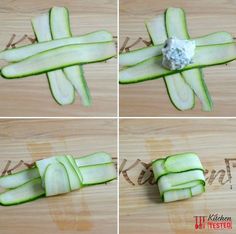 cucumber slices cut up and placed on a cutting board to make an appetizer