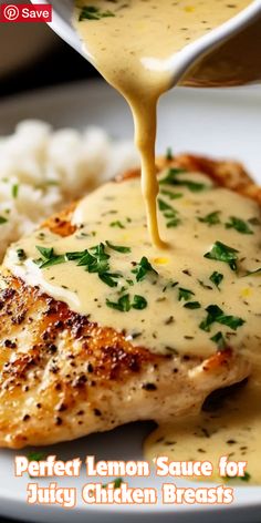 a plate with chicken breast covered in gravy