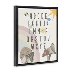 an alphabet with animals and flowers is mounted on the wall above a framed canvas print