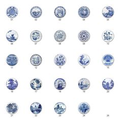 blue and white plates with different designs on them