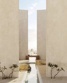 an open door leading to a pool in the middle of a room with water running through it