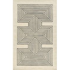 a black and white rug with an interlocked design on the front, in various sizes