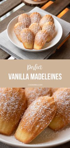 some sugared pastries are on a white plate with the words project vanilla madeleines