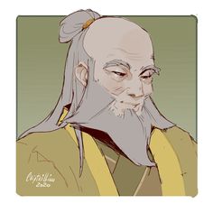 a drawing of an old man with long hair and a bun on his head, wearing a yellow shirt