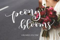 a woman in a white dress holding a bouquet of flowers and the words ferry blooms