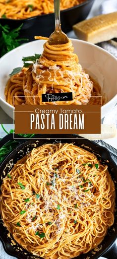 pasta in a skillet with parmesan cheese on top and the words creamy italian pasta