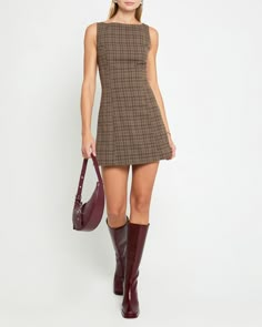 Aspen Mini Dress Chic A-line Plaid Dress, Elegant Plaid Mini Dress, Elegant Mini-length Plaid Dress, Elegant Mini Length Plaid Dress, Chic Knee-length Plaid Dress, Fitted Plaid A-line Mini Dress, Fall Mini Dress With Side Zipper, Chic Plaid Knee-length Mini Dress, Chic Knee-length Plaid Mini Dress