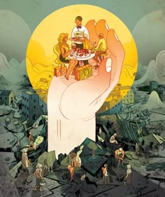 an illustration of a hand holding up a plate with food on it and people in the background