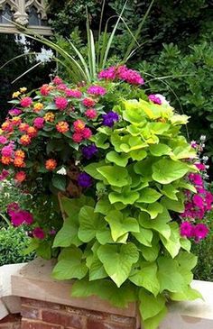 a planter filled with lots of flowers sitting on top of a brick wall