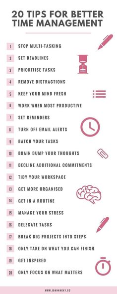 the 20 tips for better time management info sheet with pink and white text on it