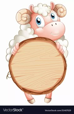 a sheep holding a wooden sign on a white background