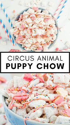 The delectable sweetness of frosted circus animal cookies, pink frosting, and white chocolate mixed with the satisfying crunch of Chex cereal makes this recipe for Circus Animal Puppy Chow a must-make! Whip up this easy dessert recipe for your kids to snack on over winter break today! Animal Cookies Recipe, Animal Themed Food, Circus Animal Cookies, Sweet Chex, Peanut Butter Smores, Rice Krispie Bars, Pink Snacks, Circus Animal Cookie, Puppy Chow Recipes