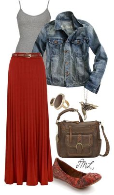 Red Maxi Skirt Outfit, Levi Jacket, Maxi Rok, Boating Outfit, Red Maxi, Red Skirt, Outfit Trends