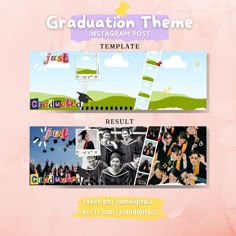 two horizontal banners with images and captions for graduation