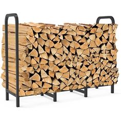 a large stack of logs sitting on top of a metal rack next to a pile of wood