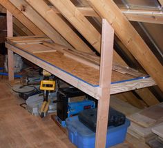 an attic with wood flooring and construction tools