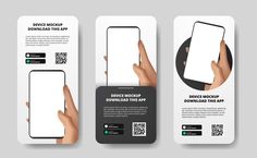 three mobile phone mockups with hand holding the screen