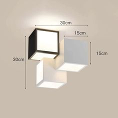 three square lights are shown with measurements for each light fixture and the width is inches