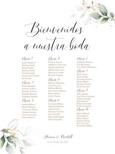 the wedding ceremony program is shown in black and white, with greenery on it