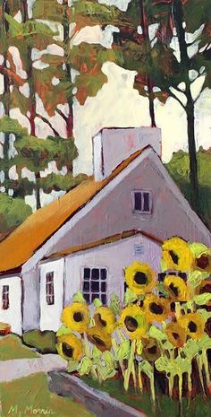 a painting of sunflowers in front of a white house