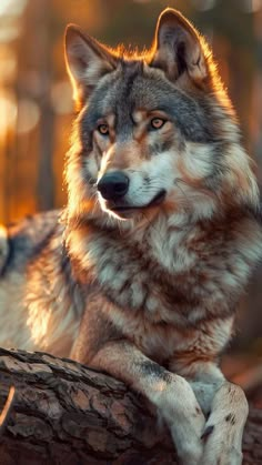 a wolf sitting on top of a log in the woods with sunlight streaming through it