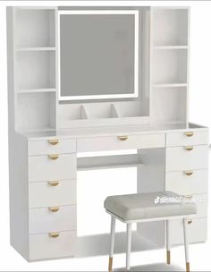 a white desk with drawers and a mirror on it's side, next to a stool