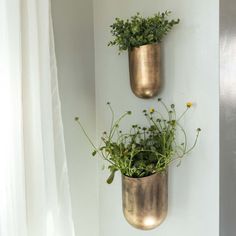 two metal pots with plants in them hanging on the wall