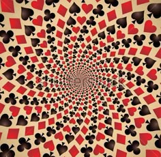 an abstract image with hearts and spades in red, black and tan colors on a beige background