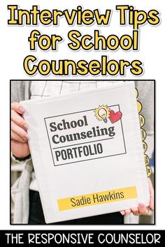 a person holding up a book with the title interview tips for school counselors