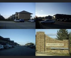 four different shots of cars parked in front of the hillcrest park apartment building and parking lot