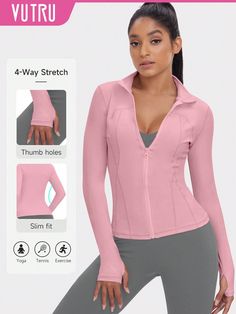 Pink  Collar Long Sleeve Fabric Plain  Embellished Medium Stretch All Women Activewear Sports Jackets Women, Sports Jackets, Slim Fit Sweater, Sport Jacket, Pink Collar, Compression Shirt, Women Sports, Sports Jacket, Inspiration Mode