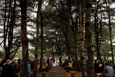 a wedding ceremony in the woods surrounded by trees and string lite up with fairy lights