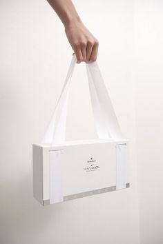 a person holding a white paper bag in the air with their hand on top of it