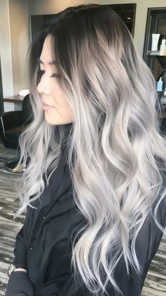 39 Silver Hair Ideas to Channel Your Inner Silver Siren - Luxe Luminous White Hair Dark Roots, Hair Dark Roots, Silver Hair Color Ideas, Two Color Hair, Layered Curls, Mermaid Waves, Tousled Bob, Edgy Pixie Cuts