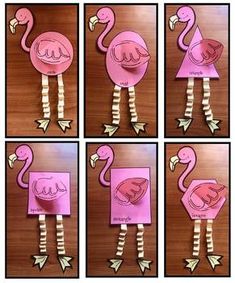 four pictures of flamingos made out of pink paper