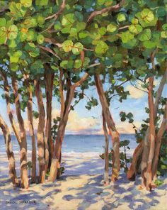 an oil painting of trees on the beach