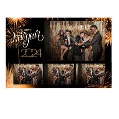 two men and a woman are posing for a photo booth with fireworks in the background