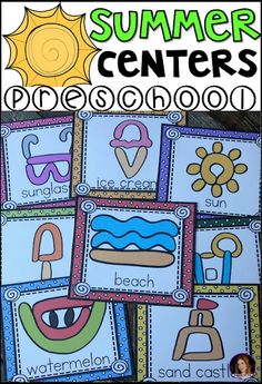 summer centers for preschool and homeschool with pictures of the sun, watermelon, sandcastle