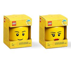 two yellow lego boxes with faces on them