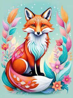 a painting of a fox sitting in the middle of flowers and leaves on a blue background