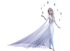 the frozen queen is dressed in white and has her arms spread out as she holds an ice wand