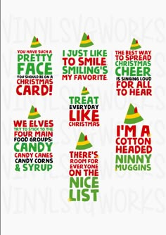 six christmas sayings with elf hats on them