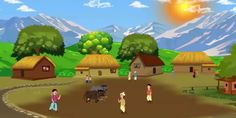 an animated image of people and animals in a rural setting with mountains in the background