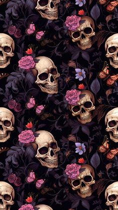 a bunch of skulls and flowers on a black background