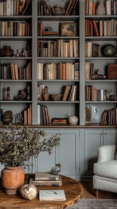 Wall To Wall Built Ins Living Room, 3 Bookshelves Together, Library With Game Table, British Study Room, Cool Small Office Design, Library Shelf Styling, Book Case Decorating Ideas Display, Styling Library Bookshelves, Built In Book Shelf Ideas