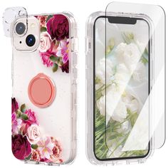 an iphone case with flowers on it and a pink ring in the middle, sitting next to each other