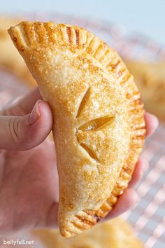 a hand holding a piece of food in it's left hand, with the rest of the pastry being held up