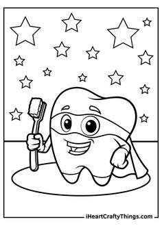 toothbrush and dental floss coloring page with stars in the background for kids to color